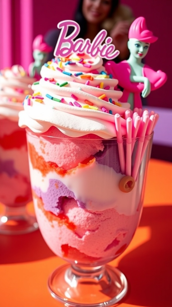 A colorful Barbie-themed ice cream dessert with layers of strawberry and blueberry ice cream, topped with whipped cream and sprinkles.